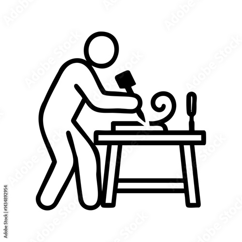 Black line icon of a woodcarver chiseling decorative design into wood, symbolizing craftsmanship, fine art, and traditional creative careers.