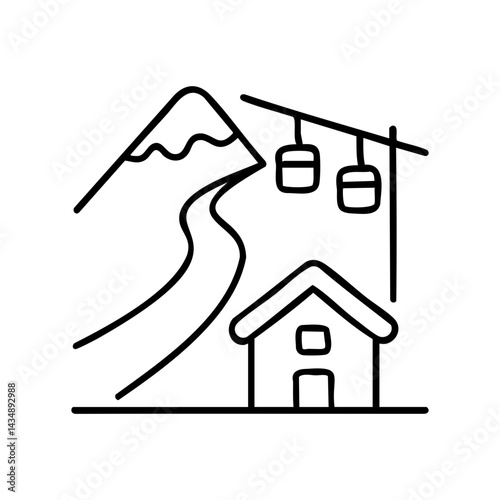 Line art icon of a ski resort with cabin, snowy mountain, and gondola lift, ideal for winter holidays, mountain tourism, and snow travel themes.