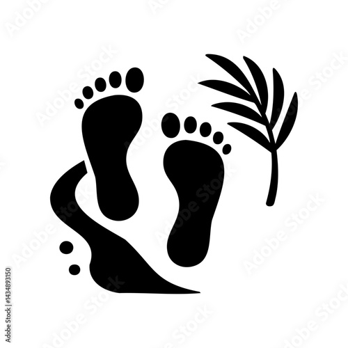 Black silhouette icon of footprints on sand with tropical leaf, perfect for vacation, beach walk, or relaxation-themed travel content.