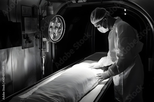 The process is silent, orderly with every injection, every stitch, carried out by the embalmer with full concentration and empathy. Here, between the stiff body and the departed soul, humanity lives