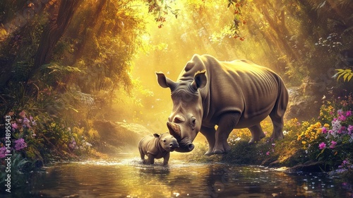 Fototapeta Naklejka Na Ścianę i Meble -  Rhino mom, calf, jungle stream, sunrise, nature