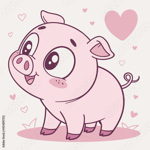 Adorable Cartoon Piglet Illustration Pink Pig with Hearts