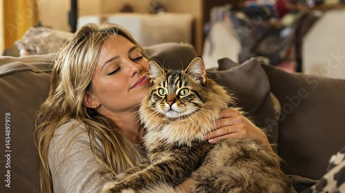 Woman Relaxing with Cat on Couch