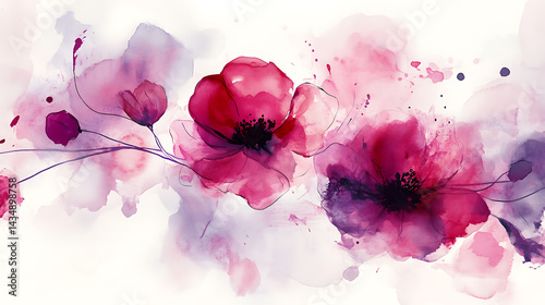 Watercolor Floral Painting Red Pink Purple Flowers Abstract Art Design
