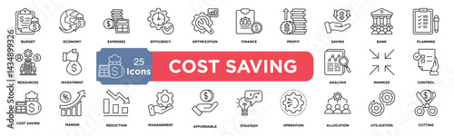 COST SAVING icon collection set. Containing budget,economy,expenses,efficiency,optimization,cutting,finance,profit,saving,reduce icon. Simple line vector.