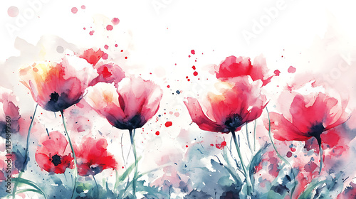 Watercolor Red Poppies Floral Painting, Soft Pink Flowers on White Background