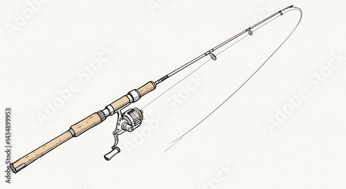 Fishing rod illustration with reel and line for recreational activities