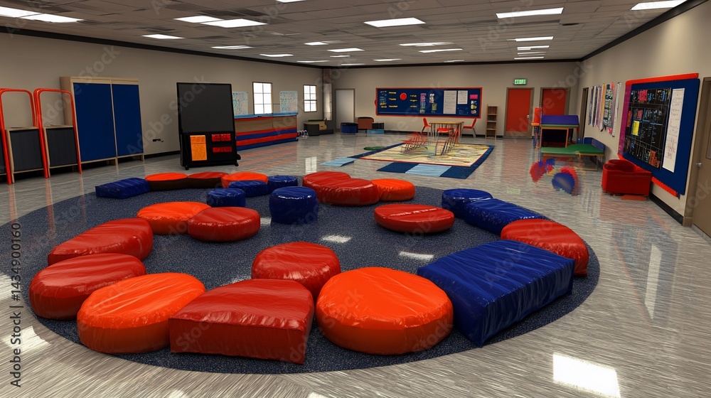 Bright, spacious classroom with colorful seating, play area, and learning resources