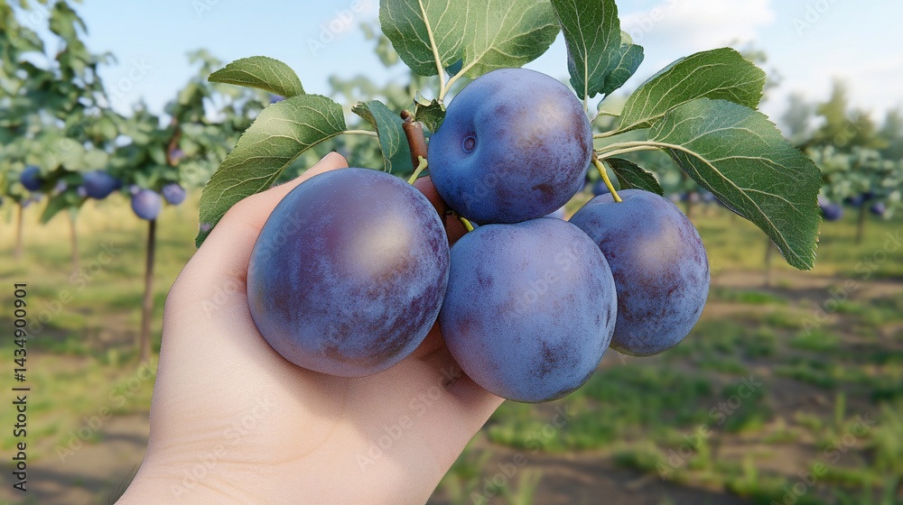 Hand holding ripe plums on a branch, orchard background. Close-up shot, sunny day