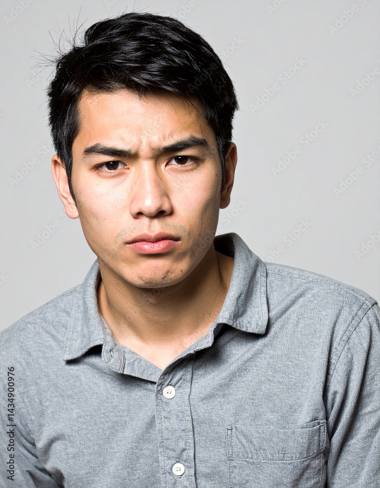 Fototapeta premium 日本人,男性,20代,イライラしている,シンプルな白い背景,AIモデル,Simple white background,Japanese,Male,Twenties,Irritated,AI Model