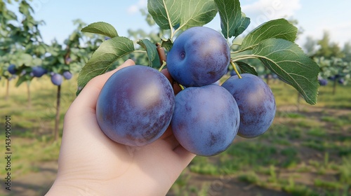 Hand holding ripe plums on a branch, orchard background. Close-up shot, sunny day