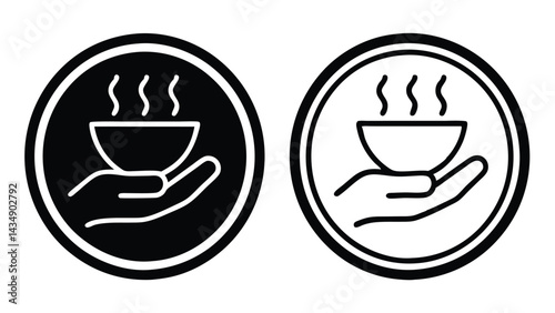 Minimalist bowl and hand line icon black and white vector illustration
