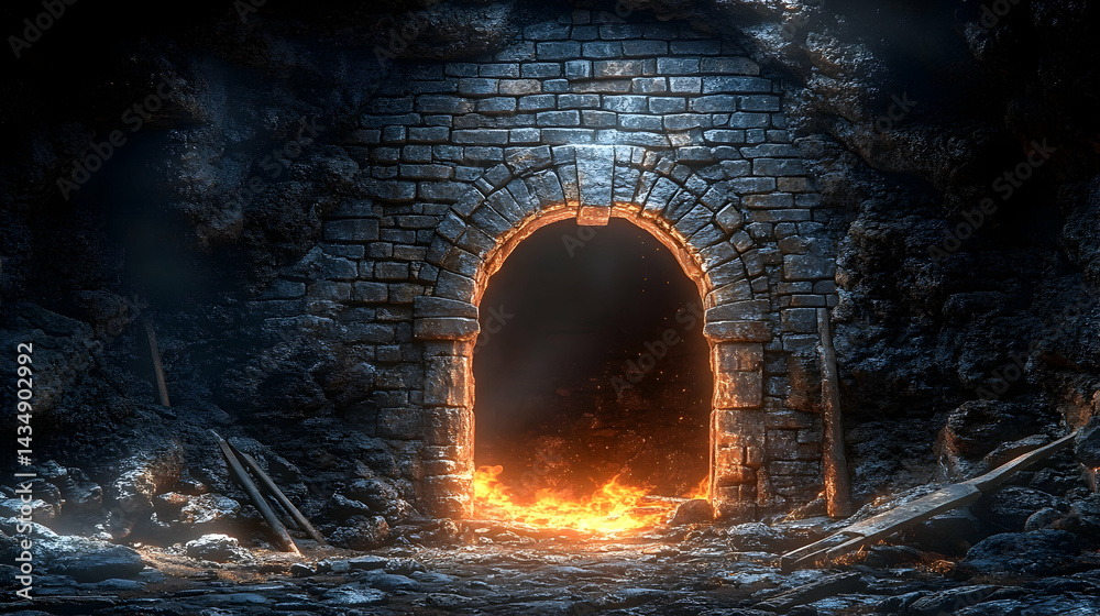Fototapeta premium Mysterious stone archway entrance to a dark cave, illuminated by an inner fire. Perfect for fantasy, adventure, or mystery themes.
