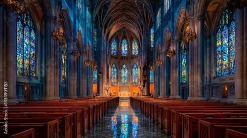 cathedral chancel view with the last rays of sunset blazing through stained glass windows, casting ruby and sapphire light across the empty pews and marble altar