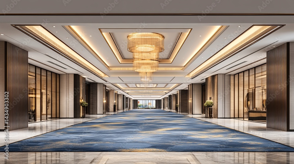 Grand hall with elegant decor. Spacious, luxurious interior. Modern, sophisticated design