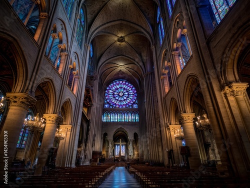cathedral chancel view with the last rays of sunset blazing through stained glass windows, casting ruby and sapphire light across the empty pews and marble altar