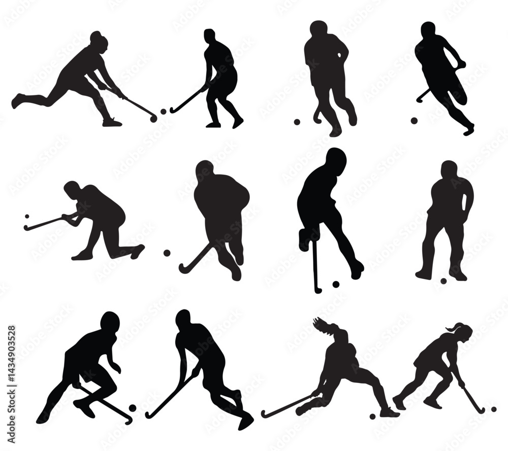 Obraz premium Silhouettes of Field Hockey Players in Action ? Sports Vector Art for Athletic Design Projects.eps