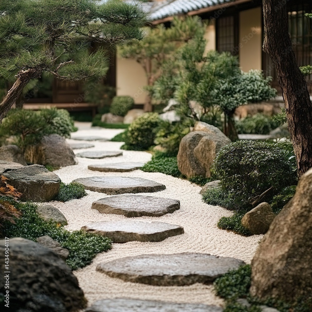 Serene japanese garden with heated stone path tranquil nature setting outdoor landscape peaceful viewpoint Serene japanese garden with heated stone path tranquil nature setting outdoor landscape peaceful viewpoint