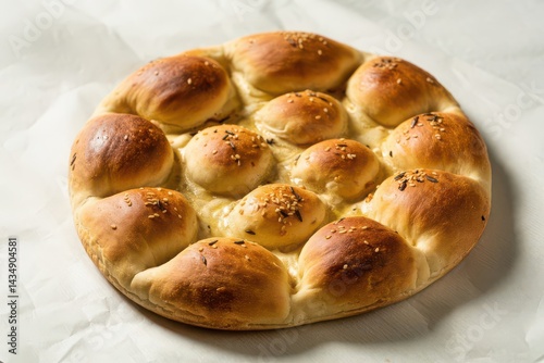 Freshly baked round pull-apart bread with sesame seeds photo