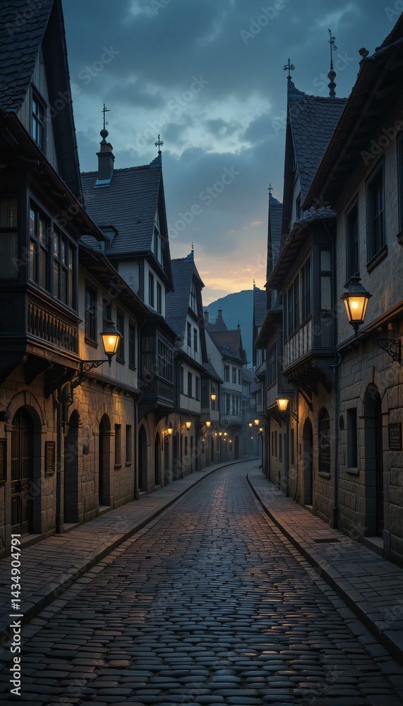 Medieval Cobbled Street in Evening Twilight. Medieval Cobbled Street in Evening Twilight.