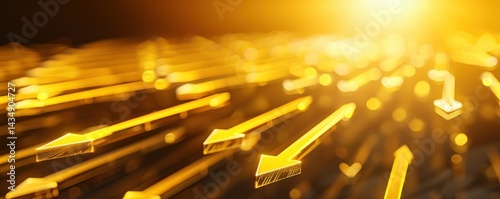 A dynamic, abstract image featuring golden arrows radiating outward, symbolizing direction, progress, and energy against a glowing background.