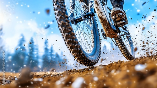 Mountain Biker Speeding Down Snowy Trail