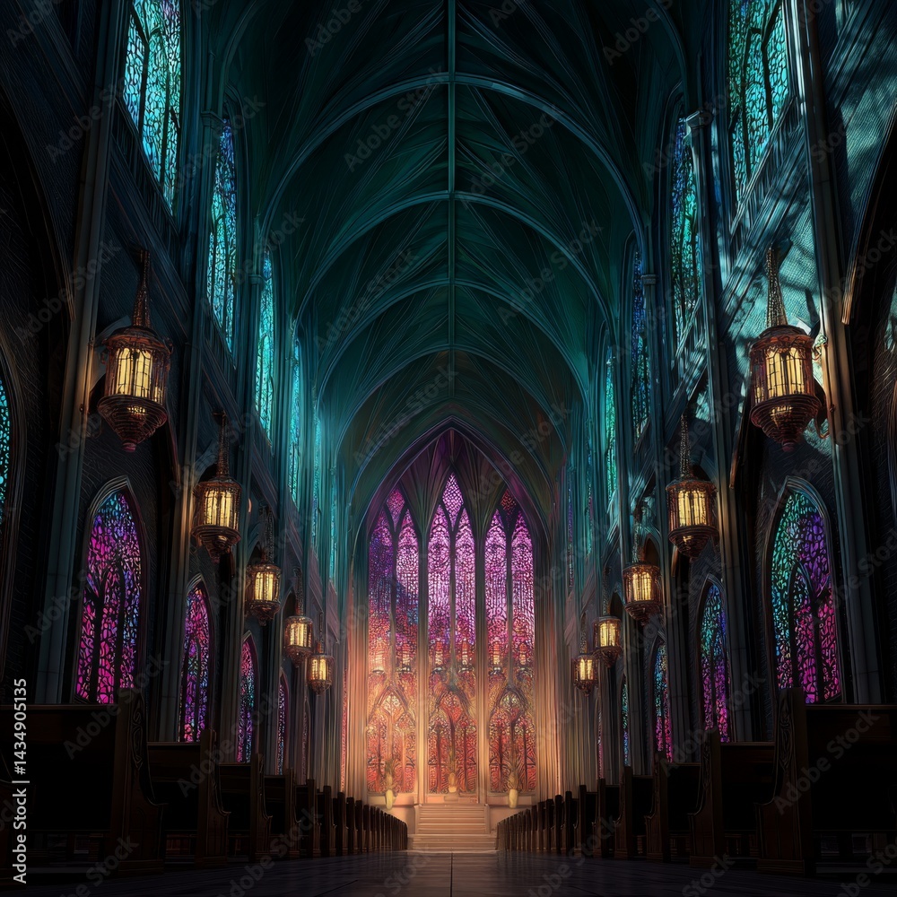 Fototapeta premium cathedral chancel view with the last rays of sunset blazing through stained glass windows, casting ruby and sapphire light across the empty pews and marble altar