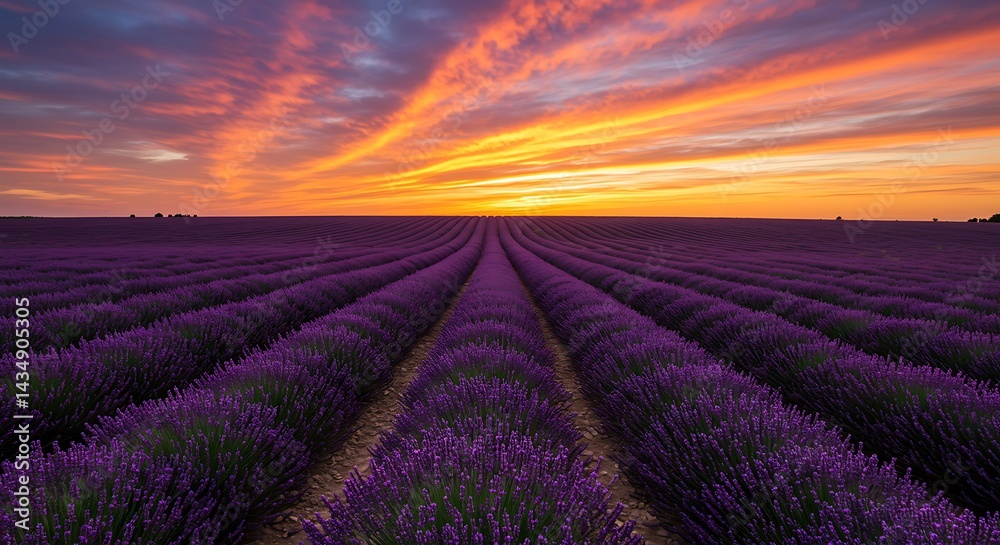 Lavender Field Sunset: Serene Rows at Golden Hour Lavender Field Sunset: Serene Rows at Golden Hour
