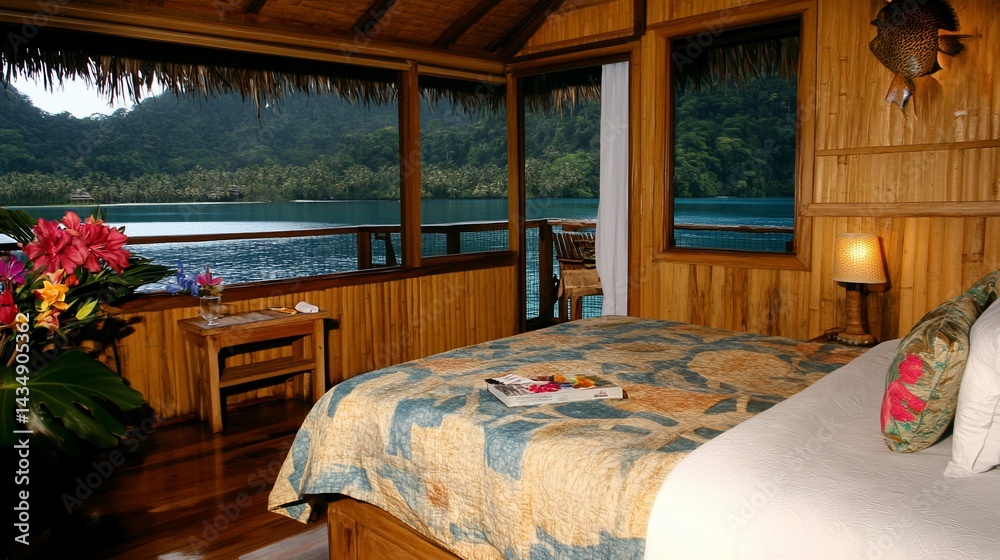 Tropical resort room overlooking the ocean and lush greenery
