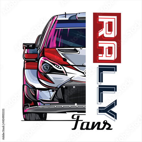 Illustration of a rally car shirt design with a combination of the words rally fan