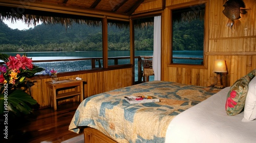 Tropical resort room overlooking the ocean and lush greenery