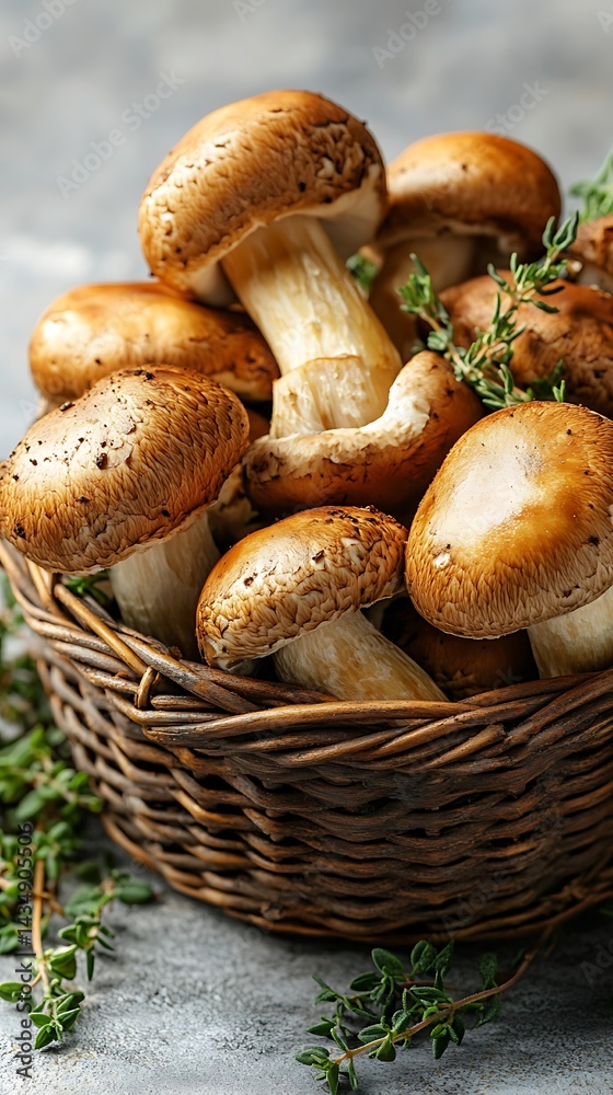 Fresh Mushrooms in Basket on Countertop Fresh Mushrooms in Basket on Countertop