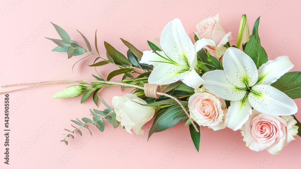 Fototapeta premium Artistic diagonal arrangement of white lilies, pastel pink roses, and green foliage, tied with a thin twine bow, isolated on a soft rose-pink background with clean negative space.