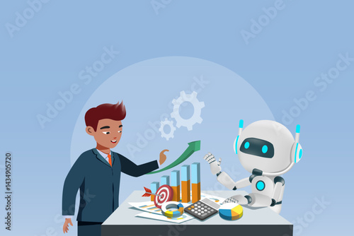 AI robot assist businessman analyzing business data graph chart and report. AI innovation technology as smart assistant in business data analysis to develop smart solution. Vector.
