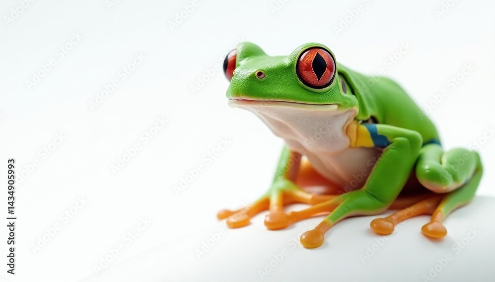 Obraz premium Green tree frog perched on white, vibrant skin, closeup, green frog