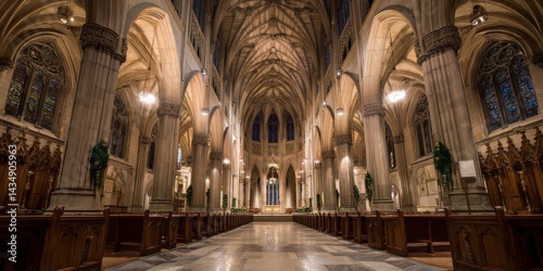 cathedral chancel view with the last rays of sunset blazing through stained glass windows, casting ruby and sapphire light across the empty pews and marble altar