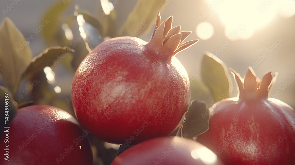 Ripe red pomegranates on a branch, bathed in sunlight