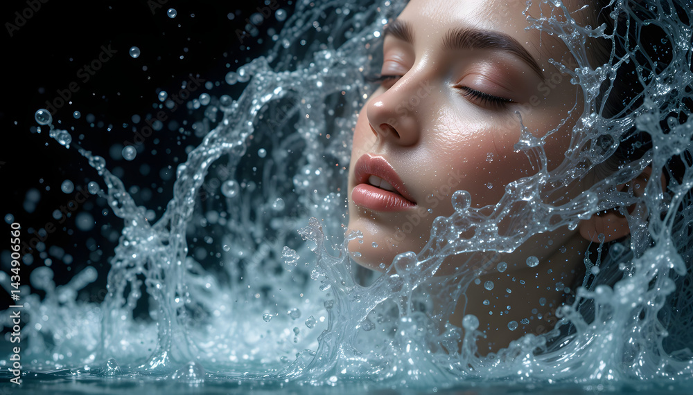 Obraz premium Woman's face emerging from water splash against dark background