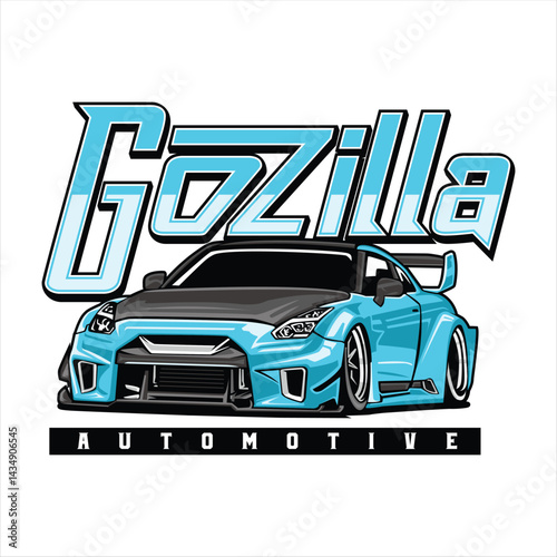 illustration of car design clothing with the name Gozila combined with a blue car