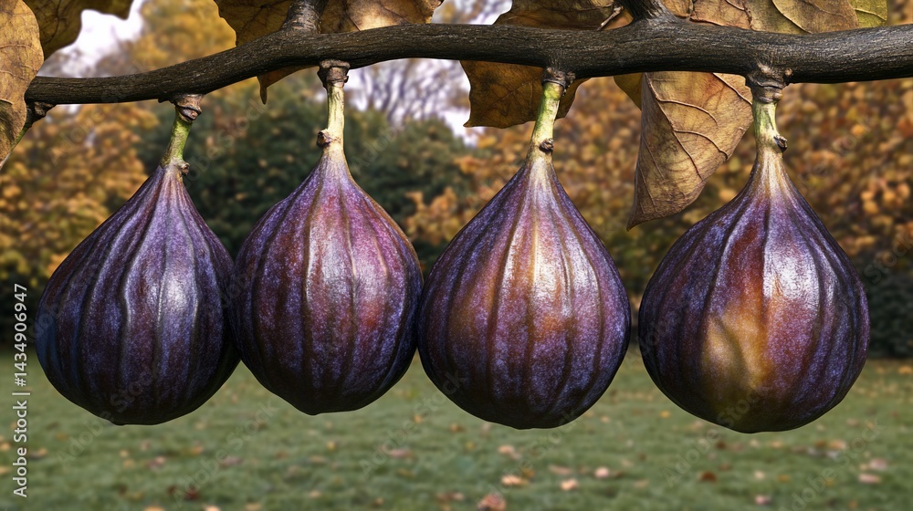 Four plump figs hanging from a branch