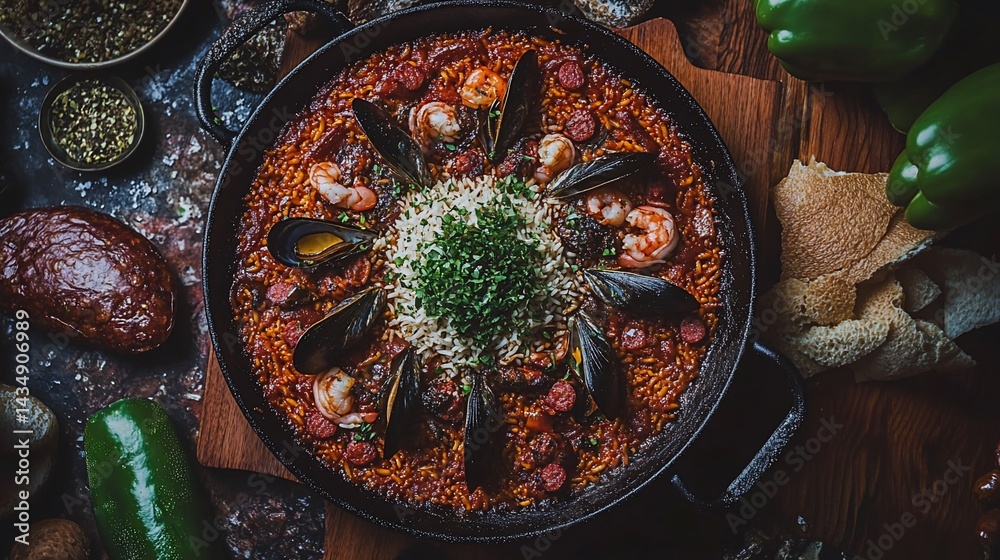 Seafood paella in a pan. Aromatic, colorful dish