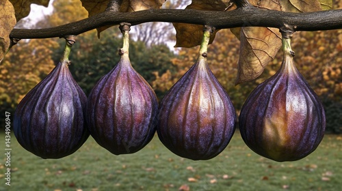 Four plump figs hanging from a branch