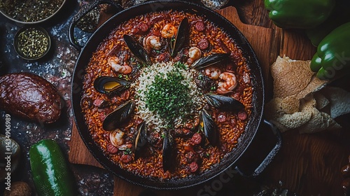 Obraz na płótnie Seafood paella in a pan. Aromatic, colorful dish w salonie