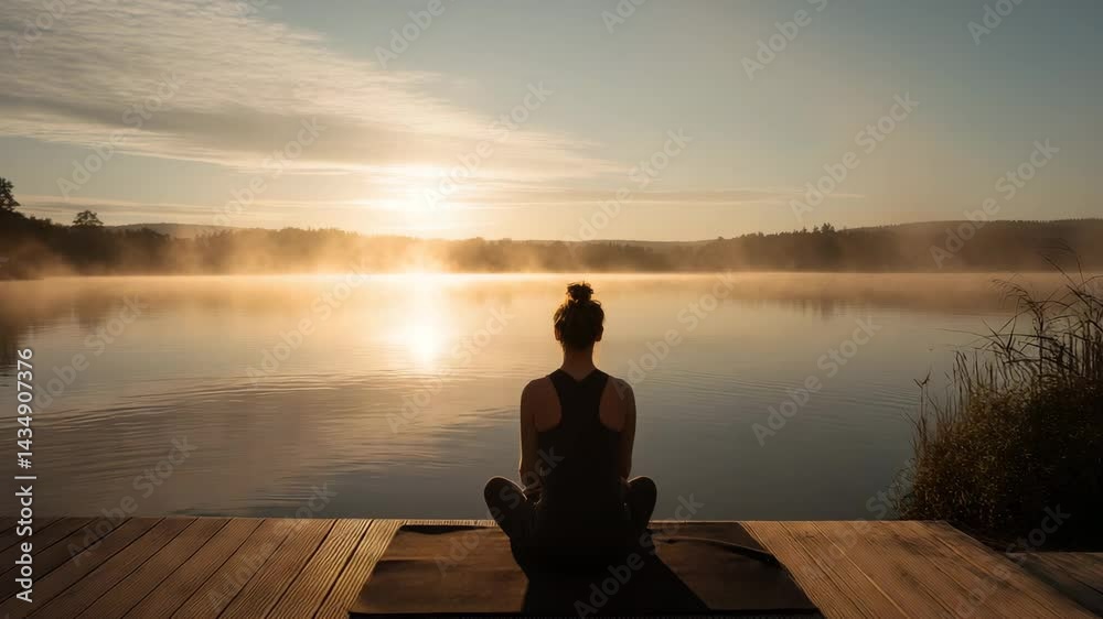 Peaceful Sunrise Yoga by the Lake Serene morning yoga practice on a tranquil lakeside dock, woman meditating in sunrise light. 4k video	
