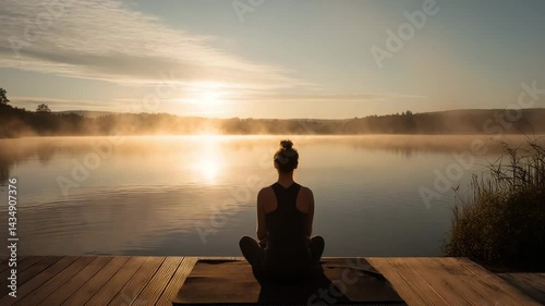 Peaceful Sunrise Yoga by the Lake Serene morning yoga practice on a tranquil lakeside dock, woman meditating in sunrise light. 4k video	
