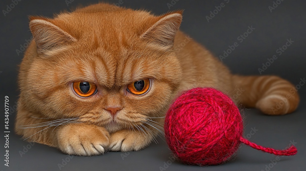 Angry ginger cat stares at ball of yarn