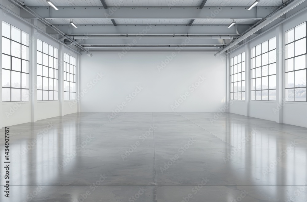 Fototapeta premium A spacious, modern interior featuring large windows and polished concrete flooring, ideal for various uses like studios or workshops.