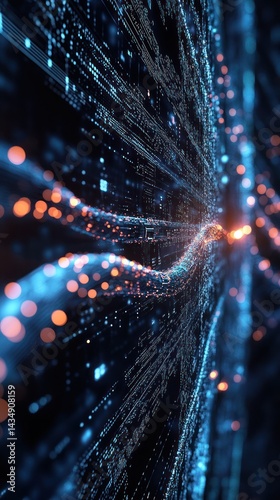 Abstract digital data stream, glowing particles forming a wave-like tunnel in dark space.