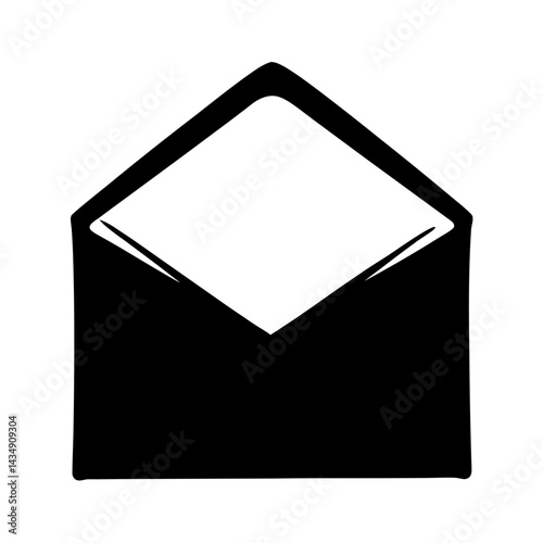 Black and silhouette vector graphic of an open envelope, transparent . conveying message or invitation