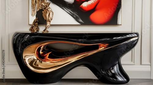 Glossy black console table with gold accent, art and decor
